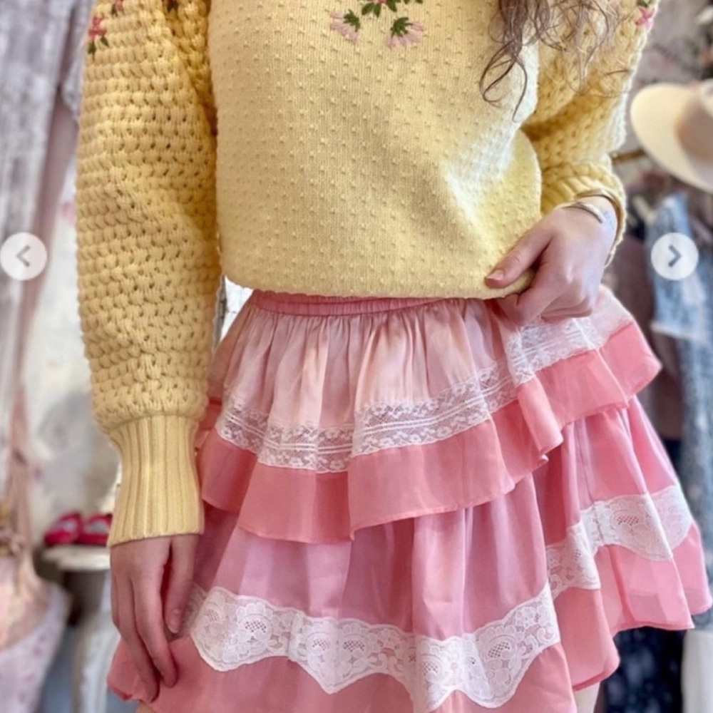 LOVESHACKFANCY Lace Ruffled Tiered Mini Skirt Pink & White NWT